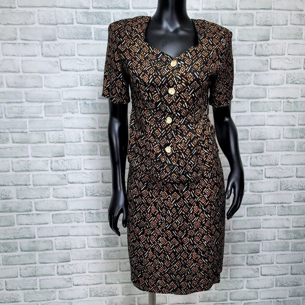 Vintage 90s Wrapper Womens S Black Abstract Geo Pattern Skirt & Top Set